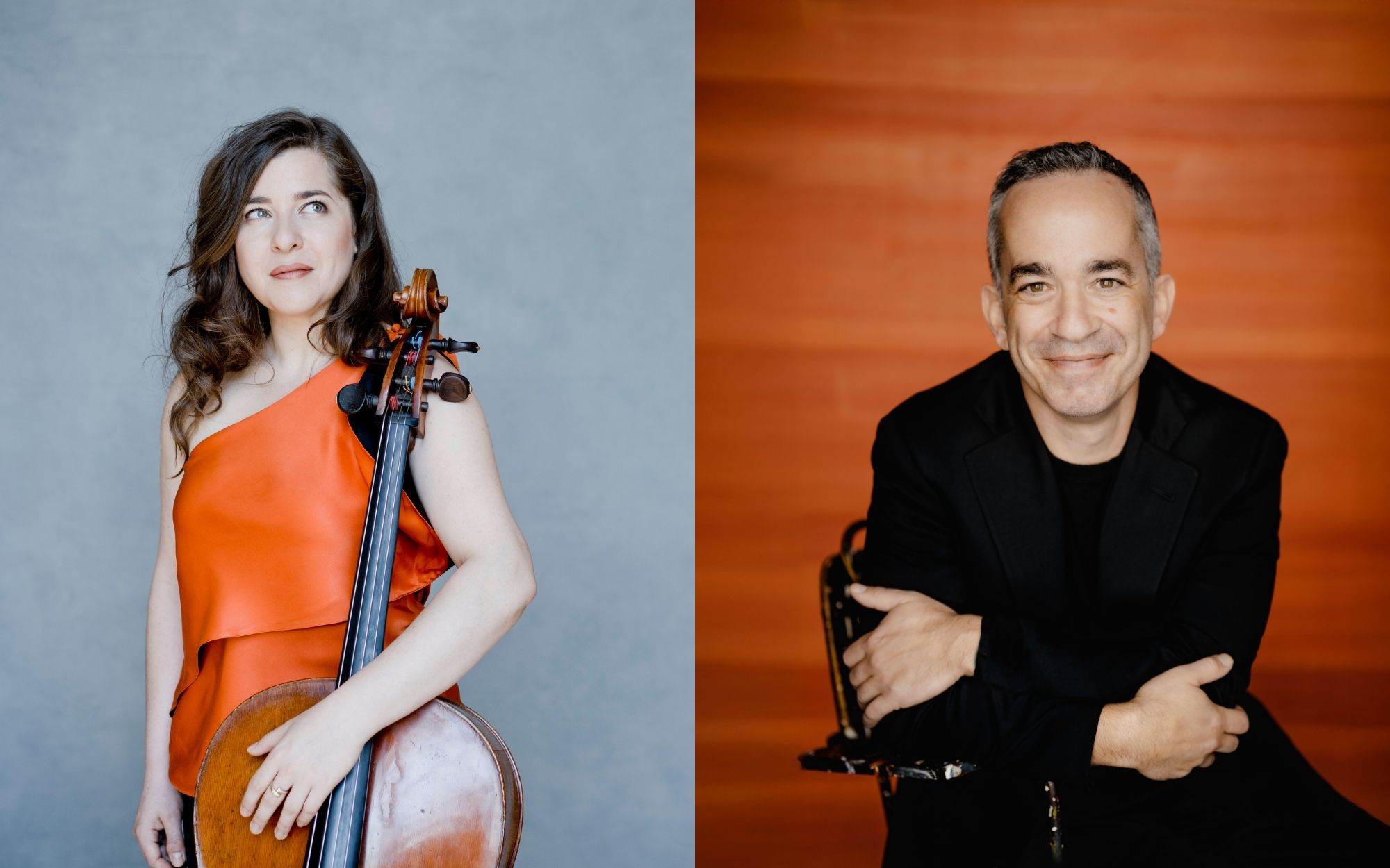 Studio portraits: Alisa Weilerstein holding her cello in an orange dress (left) and Inon Barnatan smiling in black (right)