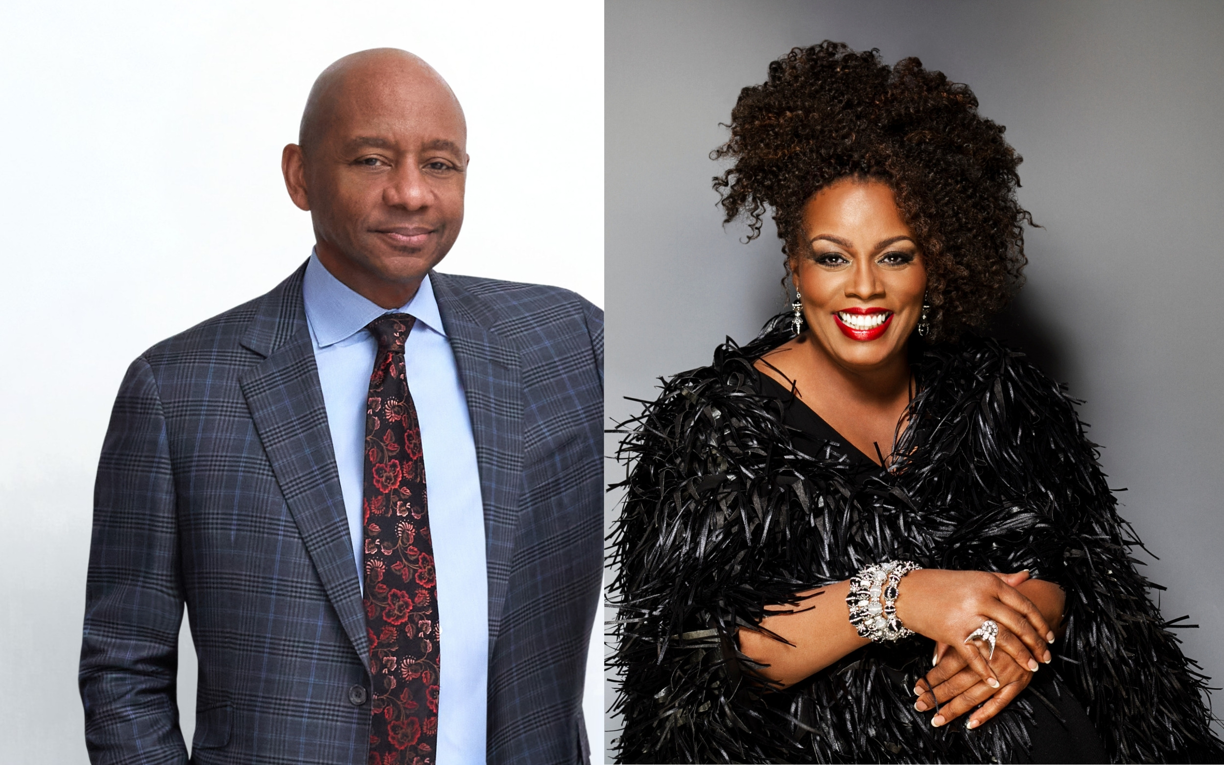 Two studio portraits: Branford Marsalis in checked suit and Dianne Reeves in black feathered dress