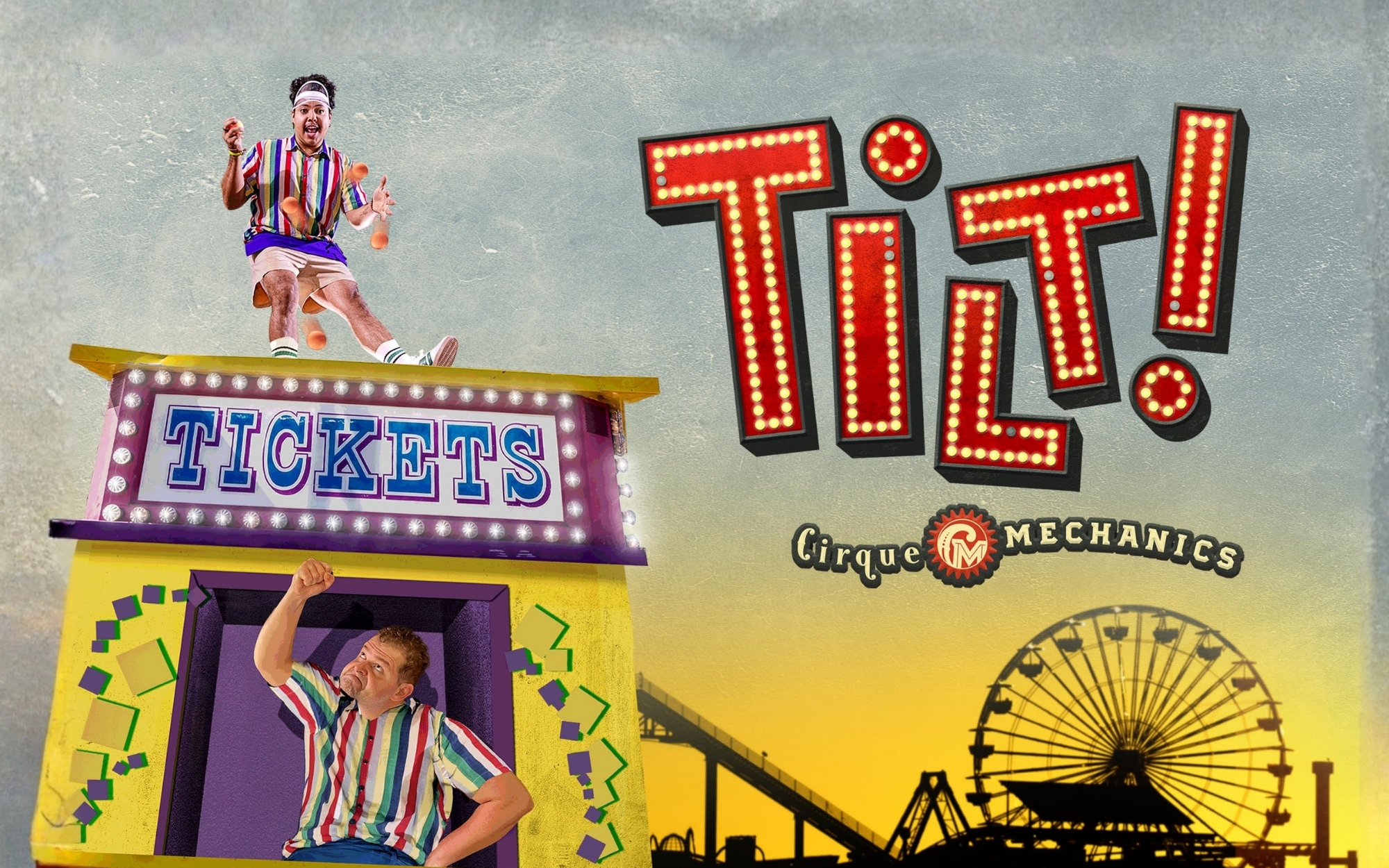 Carnival-themed graphic with the word "TILT!" with a man sitting on a ticket booth while another man is in it below. A ferris wheel is in the background.