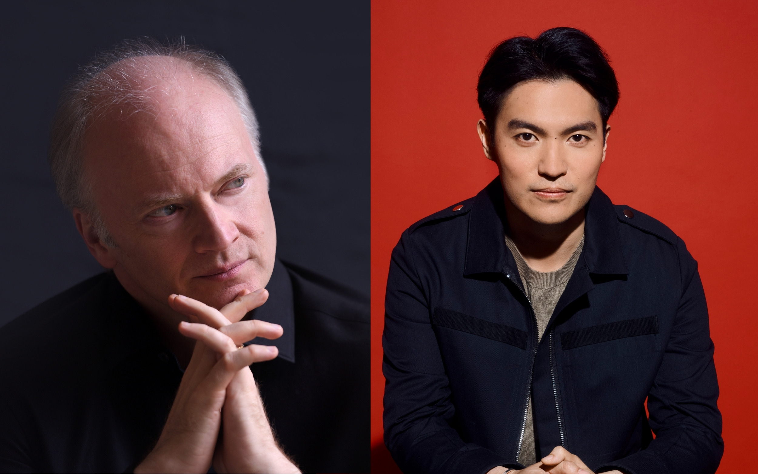 Split portraits: Gianandrea on dark backdrop; Ray Chen dark-haired man on red.