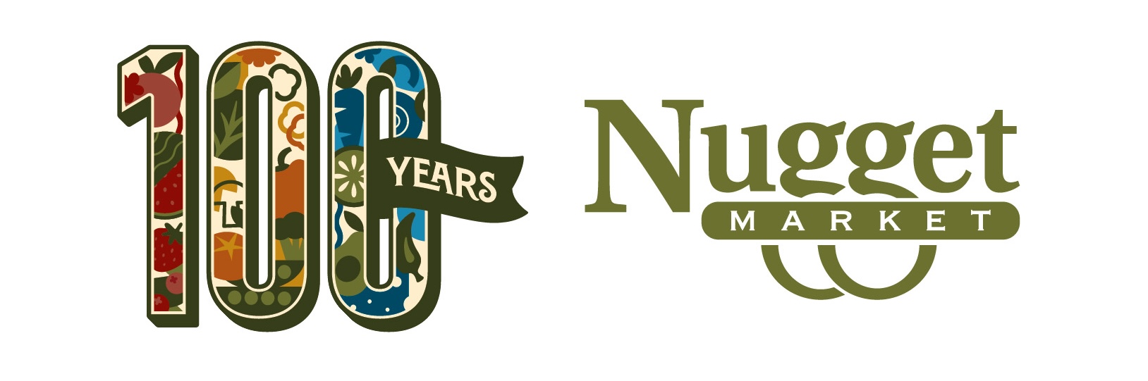 Colorful logo featuring "100 Years" and "Nugget Market" with decorative elements.