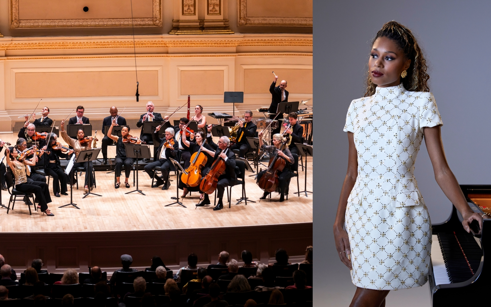 Split photo: Orpheus Chamber Orchestra performing in a concert hall; Isata Kanneh-Mason in white print dress leaning against piano