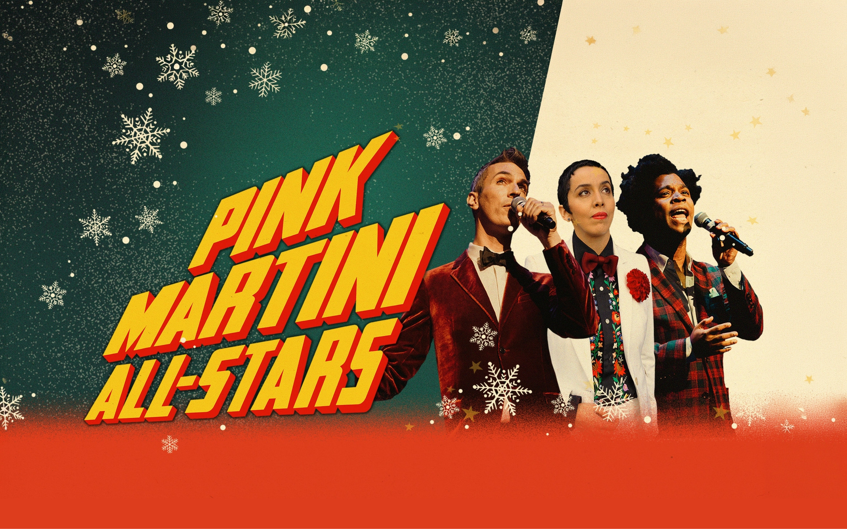 Graphic poster: three singers in festive sweaters holding mics with Pink Martini All-Stars logo