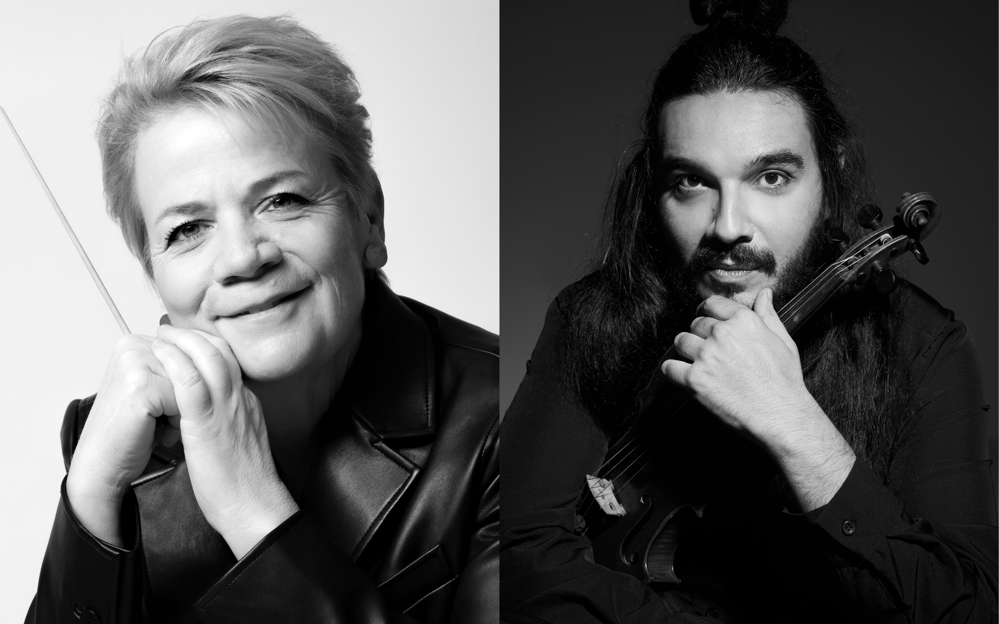 Black-and-white photo on the left and right: smiling Marin Alsop on left and Radulović holding violin on the right