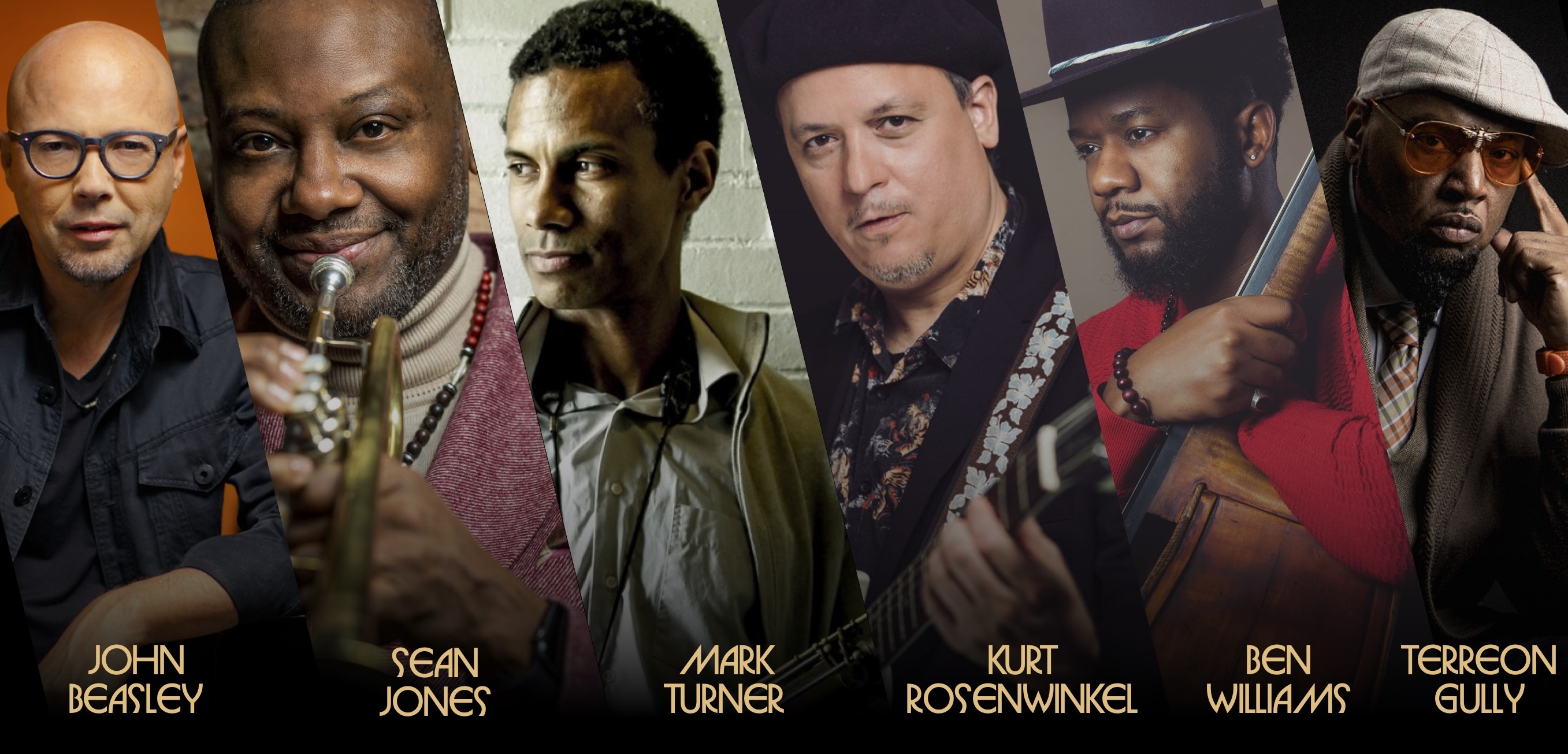 Six close-up portraits of the Unlimited Miles sextet in varied attire on a dark background