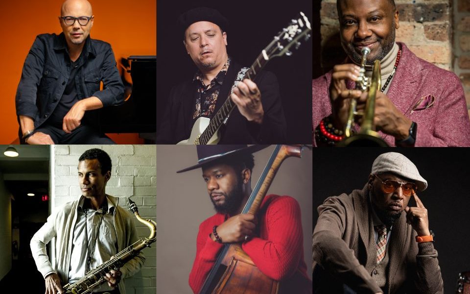 Top, left to right: John Beasley, Kurt Rosenwinkel, Sean Jones. Bottom, left to right: Mark Turner, Ben Williams, and Terreon Gully featured in individual portraits, holding their instruments.