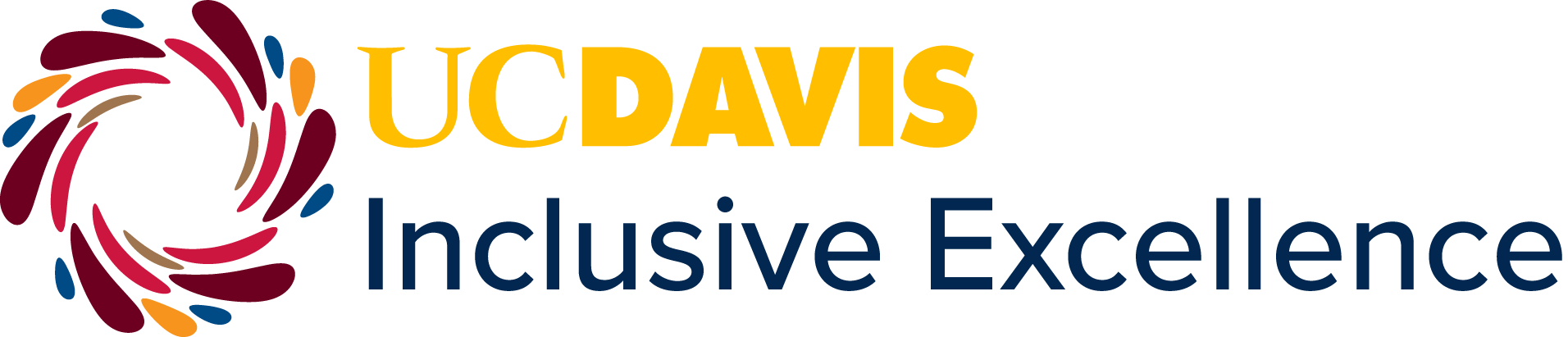 UCDavis logo with colorful swirl and text "Inclusive Excellence" in blue.