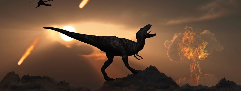 Digital artwork: silhouetted theropod on rocky outcrop as meteors streak and fiery explosion erupts