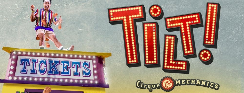 Graphic: retro ticket booth and marquee-style 'TILT!' sign on teal background