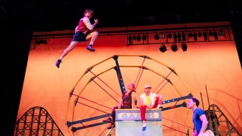 Stage photo of acrobat mid-air over ferris-wheel prop against orange backdrop