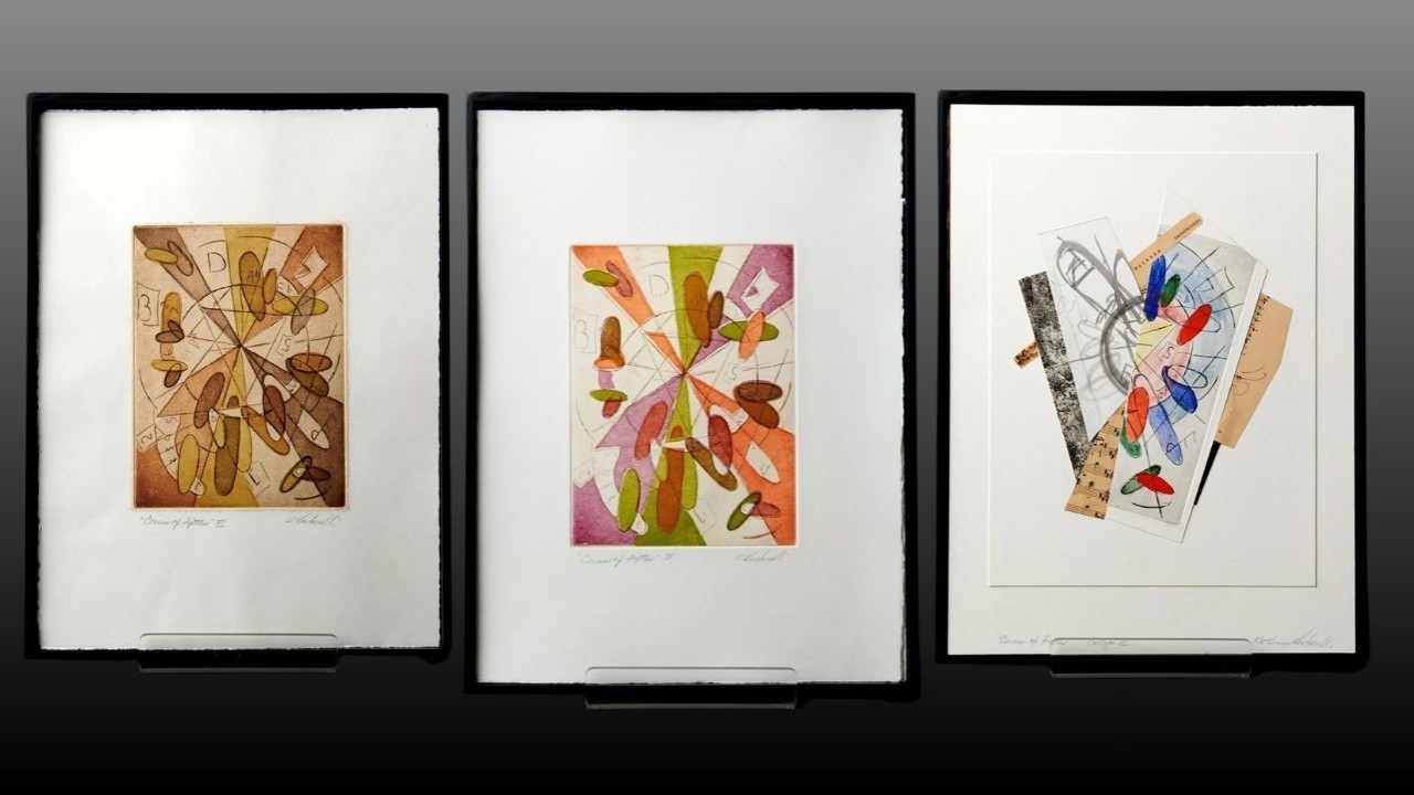 Three framed artworks featuring colorful abstract designs and various shapes.