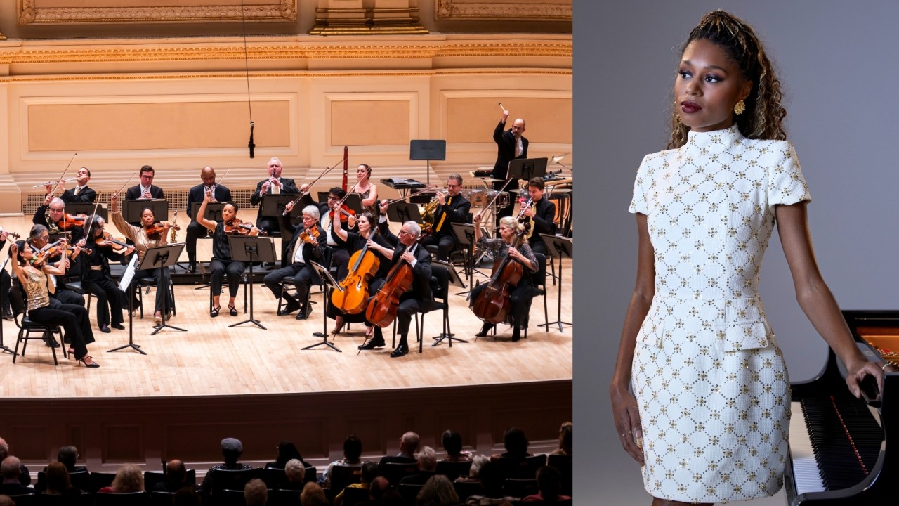 Split photo: Orpheus Chamber Orchestra performing in a concert hall; Isata Kanneh-Mason in white print dress leaning against piano