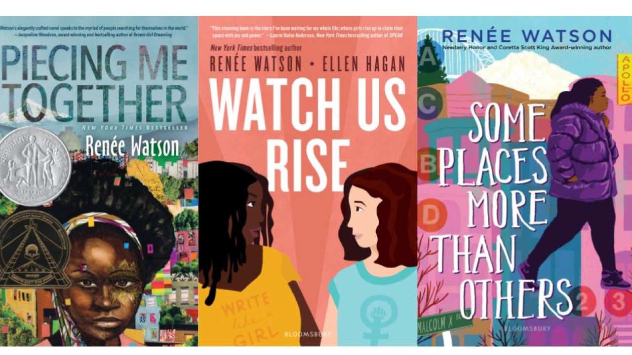 Three book covers featuring diverse young characters and vibrant colors.
