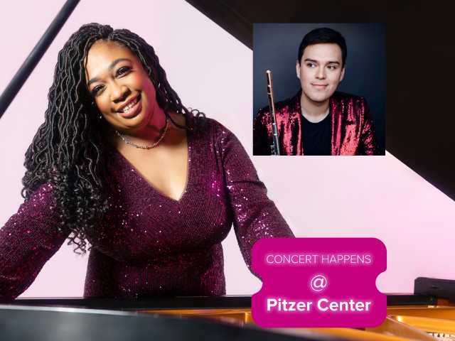 Smiling woman in purple sequined dress standing behind a piano, inset headshot of a person with a flute. Pink graphic with the text "Concert happens @ Pitzer Center"