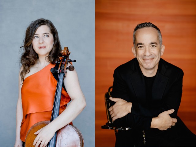 Split portrait: left Alisa Weilerstein in orange dress holding a cello; right smiling Inon Barnatan in black