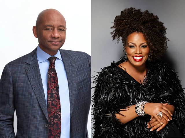 Two studio portraits: Branford Marsalis in checked suit and Dianne Reeves in black feathered dress