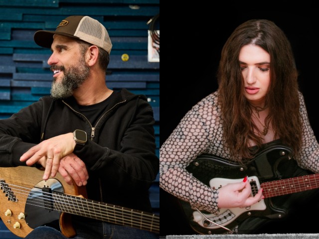 Charlie Hunter smiling with bass in studio; focused Ella Feingold playing electric guitar on black, photo