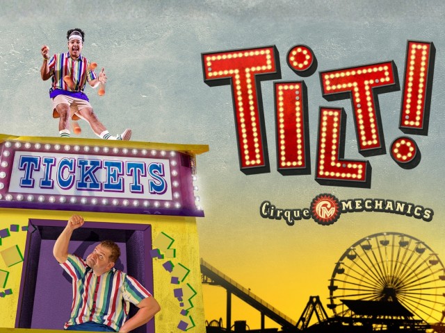 Carnival-themed graphic with the word "TILT!" with a man sitting on a ticket booth while another man is in it below. A ferris wheel is in the background.
