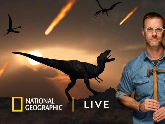 Tyler Lyson in denim holding a hammer superimposed over a t-rex silhouette, flaming meteors and the National Geographic Live logo