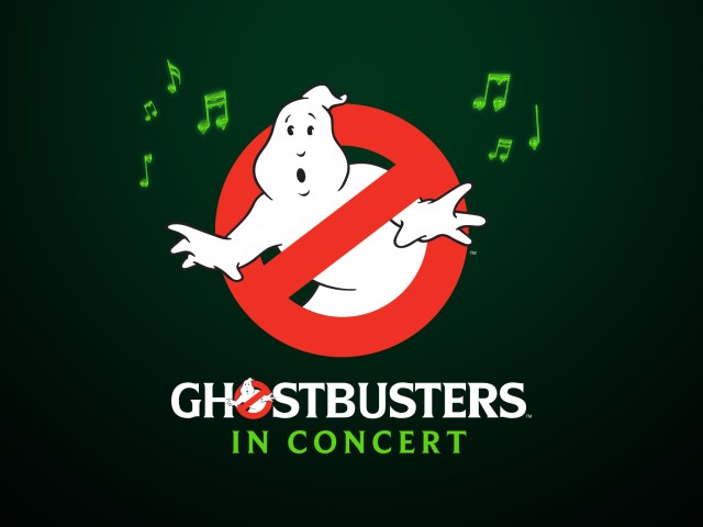Ghostbusters logo featuring a ghost with musical notes, text reads "GHOSTBUSTERS IN CONCERT."