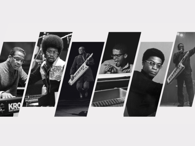 Montage of black-and-white portraits of Herbie Hancock playing instruments and performing.