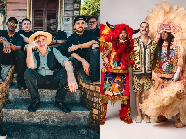 Split photo: left, Jon Cleary sits on a front stoop with band members sitting around him; right, the three members of Cha Wa two of whom are wearing traditional New Orleans Indian regalia