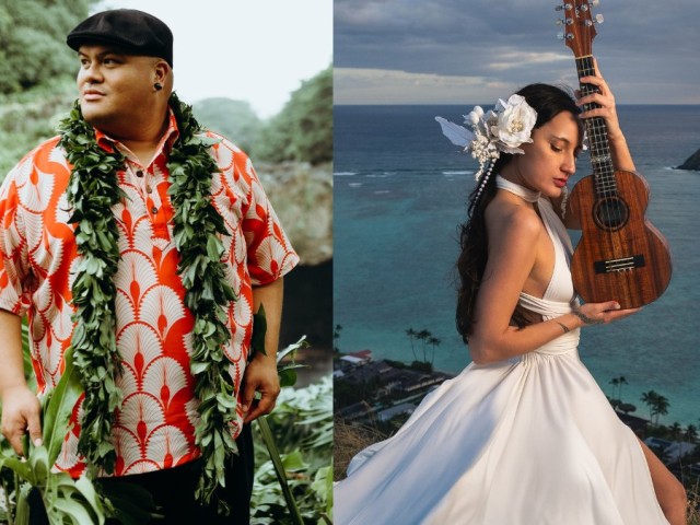 Kalani Pe’a in a floral shirt stands in nature, while Taimani in a white dress holds a ukulele by the ocean.