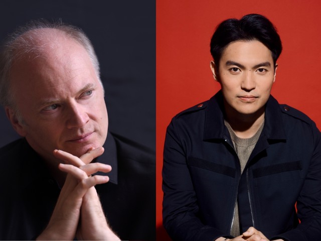 Split portraits: Gianandrea on dark backdrop; Ray Chen dark-haired man on red.