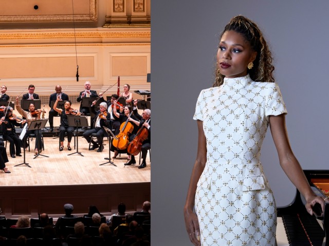 Split scene — left: orchestra performing on stage; right: Isata Kanneh-Mason in white patterned dress