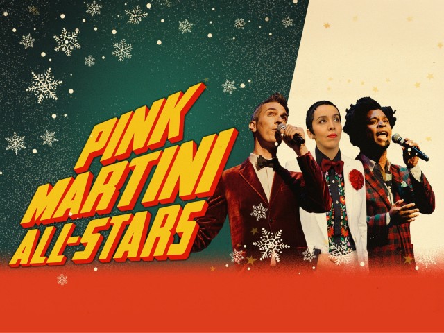Graphic poster: three singers in festive sweaters holding mics with Pink Martini All-Stars logo