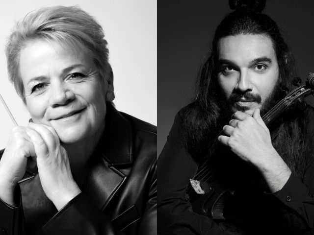 Black-and-white photo on the left and right: smiling Marin Alsop on left and Radulović holding violin on the right