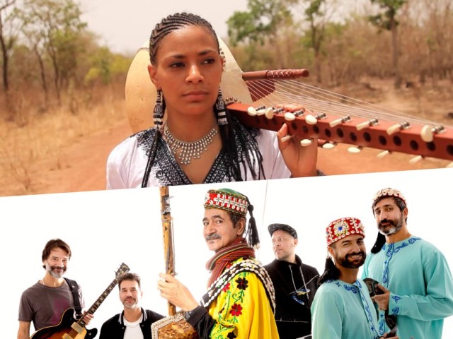 Sona Jobarteh with a Kora stands in a dry landscape, above Saha Gnawa holding various instruments.