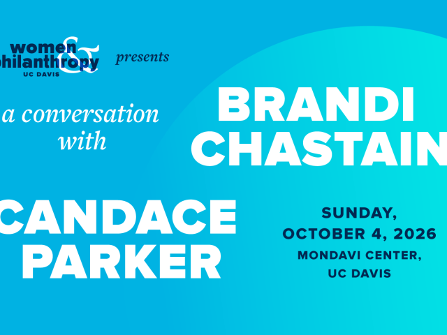 Promotional graphic for a conversation with Brandi Chastain and Candace Parker on teal background with text reading: Women & Philanthropy UC Davis presents A Conversation with Brandi Chastain & Candace Parker, Sunday, October 4, 2026, Mondavi Center, UC Davis