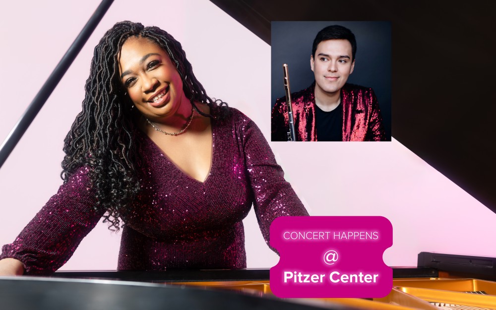 Smiling woman in purple sequined dress standing behind a piano, inset headshot of a person with a flute. Pink graphic with the text "Concert happens @ Pitzer Center"