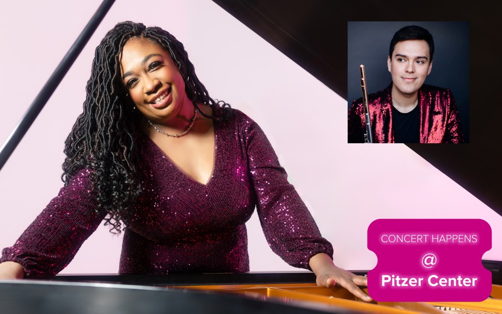 Smiling woman in purple sequined dress standing behind a piano, inset headshot of a person with a flute. Pink graphic with the text "Concert happens @ Pitzer Center"