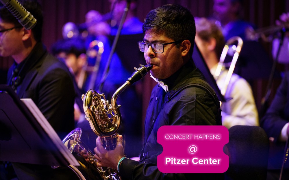 Musician playing saxophone horn on purple-lit stage, pink event graphic with the text "Concet happens @ Pitzer Center"