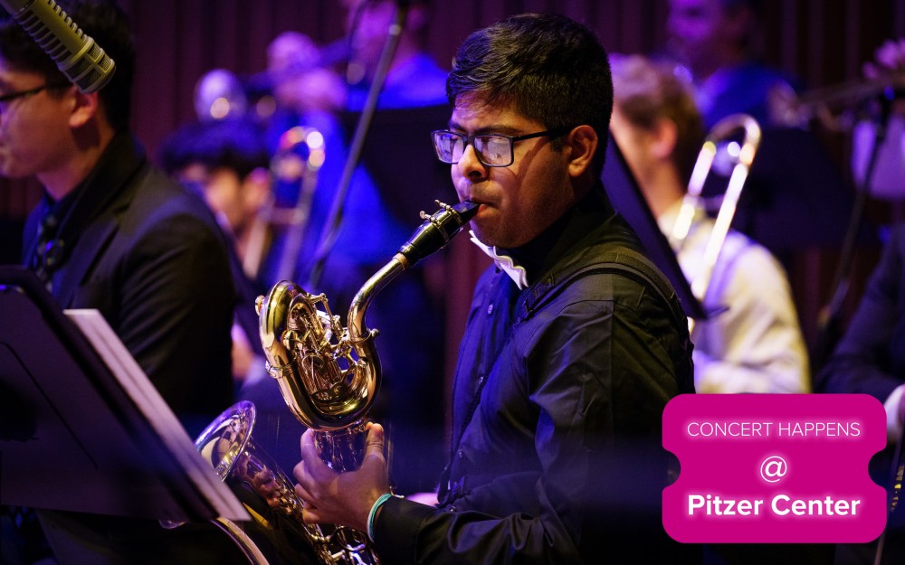 Musician playing saxophone horn on purple-lit stage, pink event graphic with the text "Concet happens @ Pitzer Center"