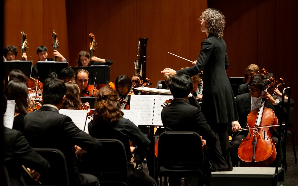 Conductor directing symphony orchestra on warm-lit wooden concert stage