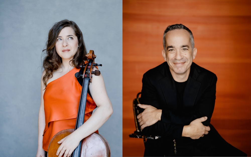 Split portrait: left Alisa Weilerstein in orange dress holding a cello; right smiling Inon Barnatan in black