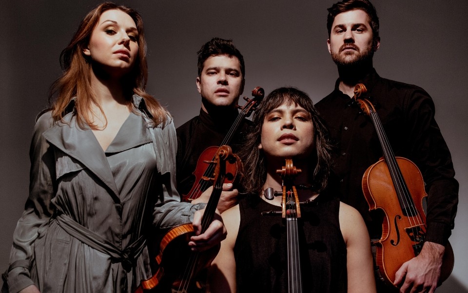 Left to right: Amy Schroeder, Domenic Salerni, Andrew Yee, and Nathan Schram holding their instrument against a dark background.