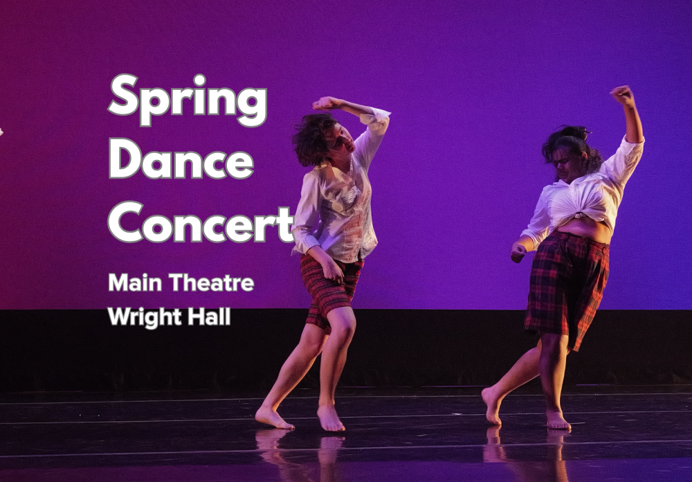 Two dancers on a purple-lit stage with text 'Spring Dance Concert'