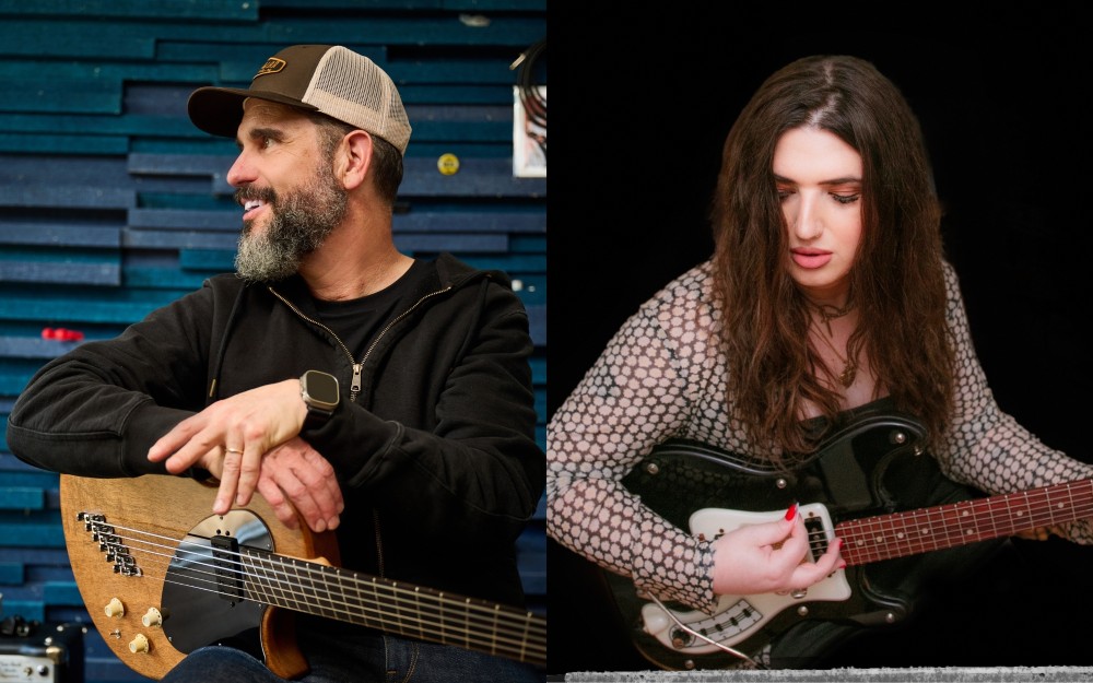 Charlie Hunter smiling with bass in studio; focused Ella Feingold playing electric guitar on black, photo