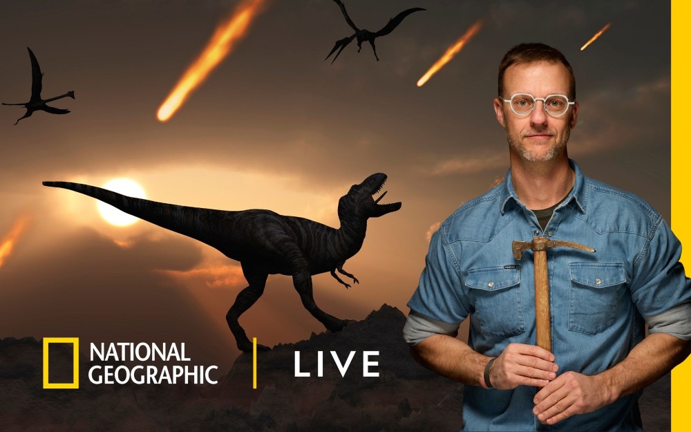 Tyler Lyson in denim holding a hammer superimposed over a t-rex silhouette, flaming meteors and the National Geographic Live logo