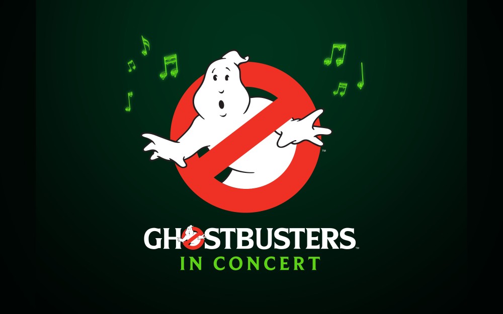 Ghostbusters logo featuring a ghost with musical notes, text reads "GHOSTBUSTERS IN CONCERT."
