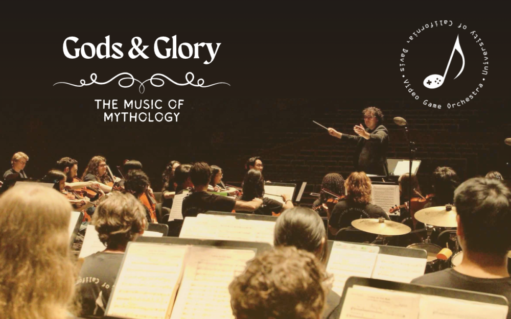 Orchestra performing in warm-lit concert hall, conductor leads musicians, audience visible