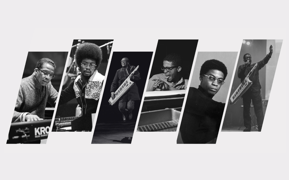 Montage of black-and-white portraits of Herbie Hancock playing instruments and performing.