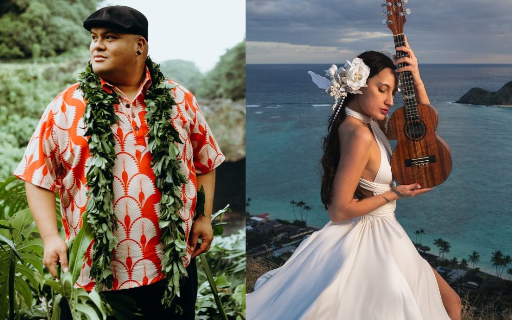 Kalani Pe’a in a floral shirt stands in nature, while Taimani in a white dress holds a ukulele by the ocean.