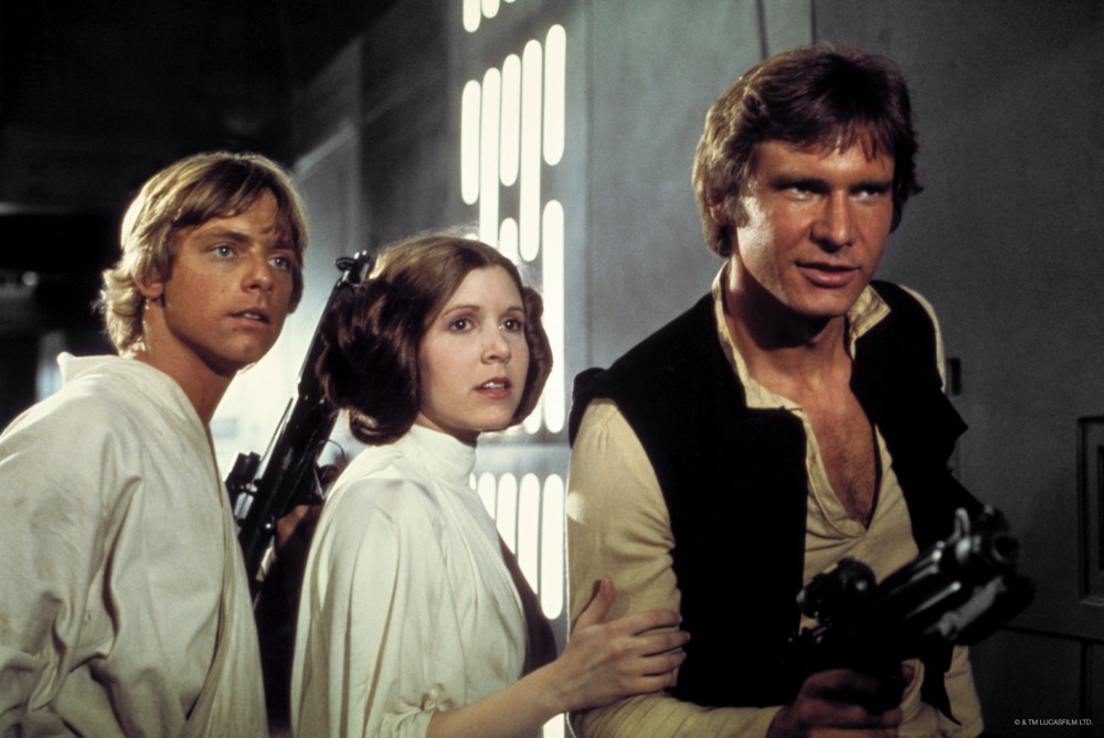 A film still of Luke Skywalker, Princess Lei, and Han Solo