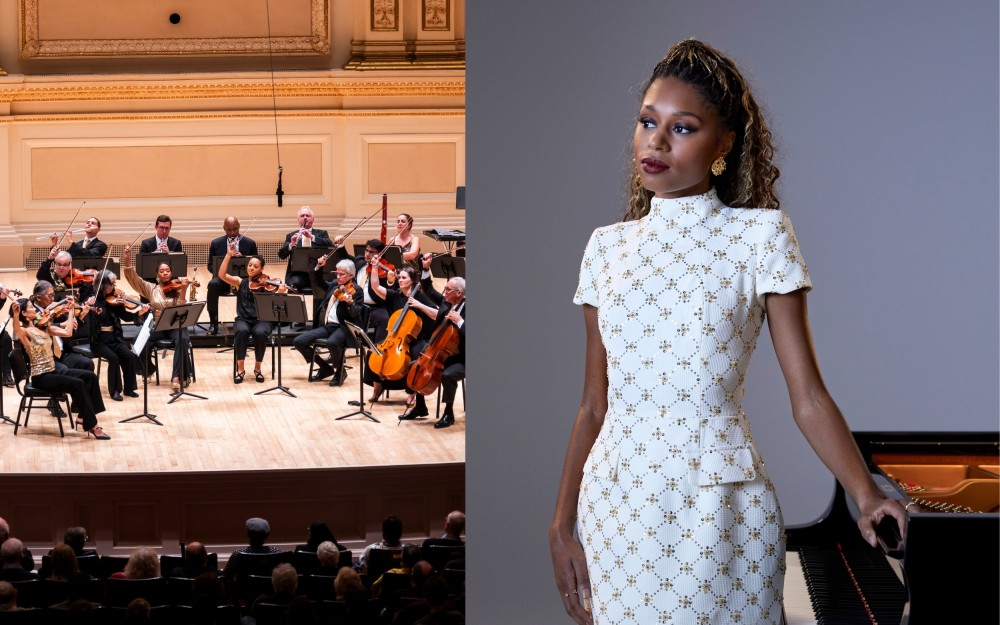 Split scene — left: orchestra performing on stage; right: Isata Kanneh-Mason in white patterned dress