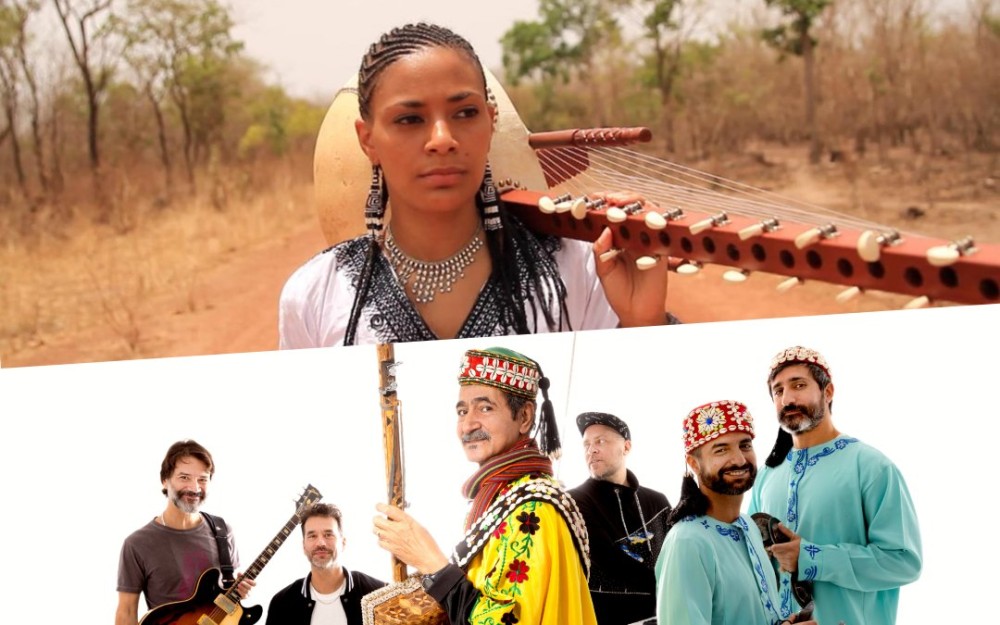 Sona Jobarteh with a Kora stands in a dry landscape, above Saha Gnawa holding various instruments.